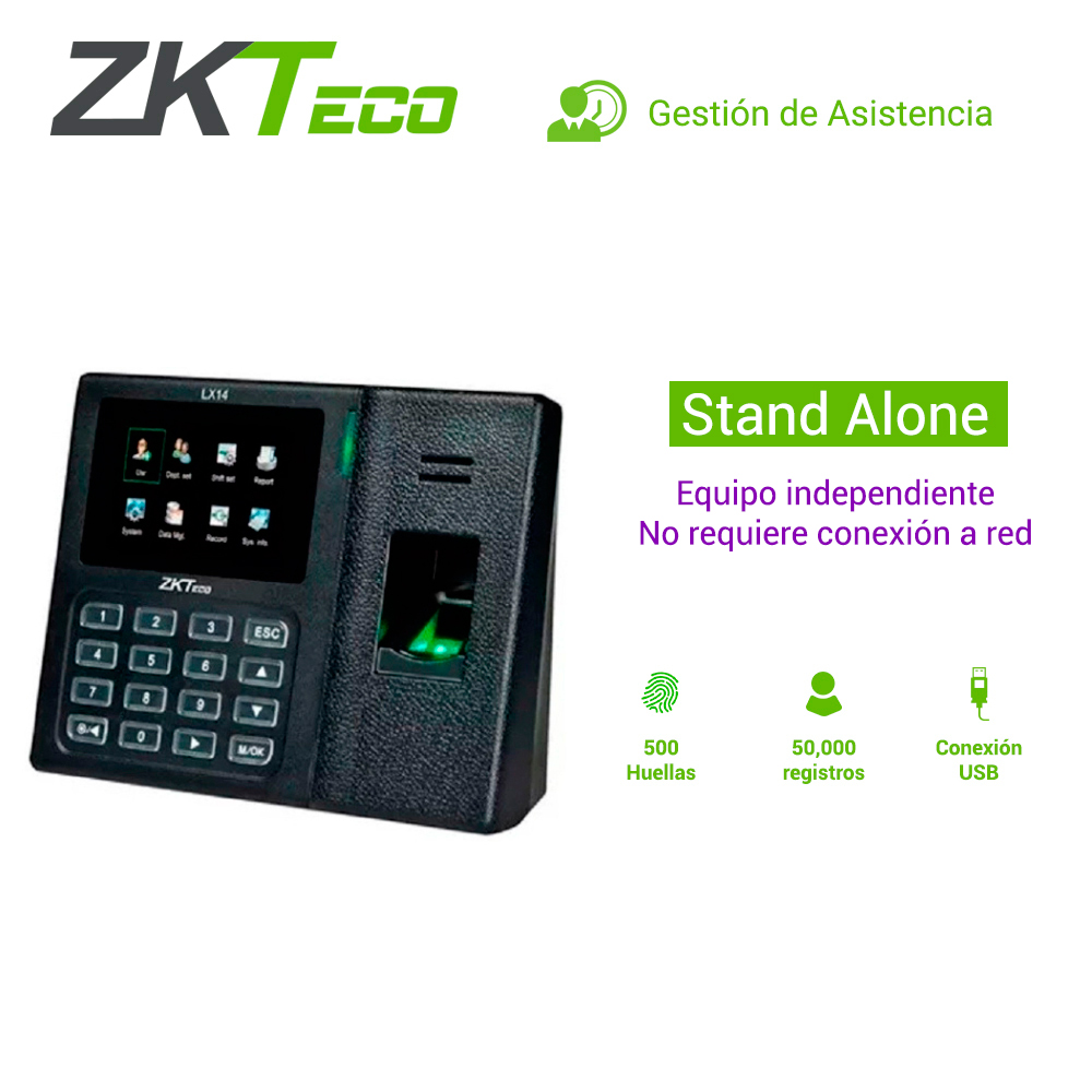 CONTROL DE ASISTENCIA CHECADOR AUTONOMO ZKTECO LX14 BIOMETRICO DE 500HUELLAS/500CONTRASEÑAS/50,000REGISTROS USBHOST/SSR-FORMATOEXCEL