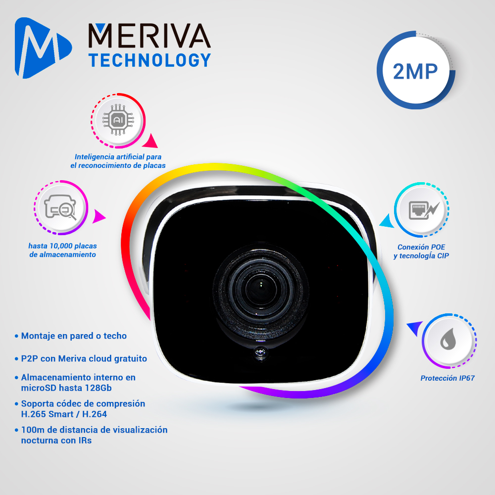 CAMARA IP BULLET LPR MERIVA TECHNOLOGY MAPR-200 / 2MP / H.265+ / LENTE MOTORIZADO 7 - 22MM / 70 - 100M IR / IP67 / METALICA / 12 VCD / POE / SOPORTA MICRO SD HASTA 256 GB (NO INCLUIDA) / 1 ENTRADA + 1 SALIDA DE AUDIO / 1 ENTRADA + 1 SALIDA DE ALARMA / SALIDA BNC / ONVIF / ANALITICA RECONOCIMIENTO DE PLACAS HASTA 10,000 PLACAS (NO REQUIERE NVR) 