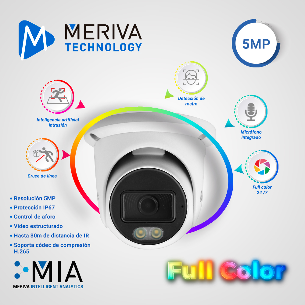 Camara IP Turret Meriva Technology Mtd-fc500fa / 5MP / H.265+ / 2.8MM / 20 - 30M Luz Calida / Ip67 / Metalica / 12 Vcd / POE / Soporta Micro Sd Hasta 256 GB (no Incluida) / 1 Entrada De Audio / Microfono Integrado / Mia 2.0 / ONVIF / Face - Deteccion - Control De Aforo - Video Estructurado - Intrusion - Conteo De Personas - Entrada-salida De Area / Real Scene Series - Imagen A Color 24/7 / Compatible Con NVR Meriva Serie Main Para Reconocimiento Facial