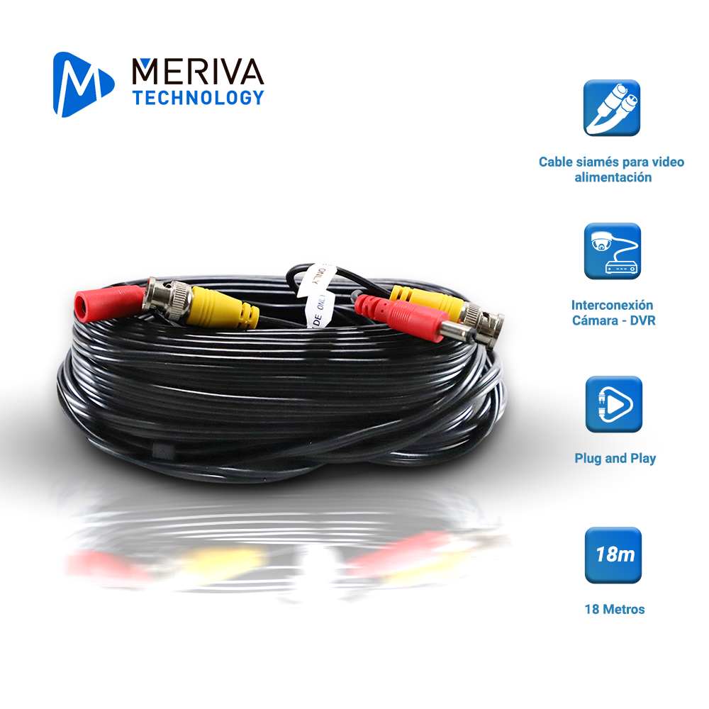 CABLE DE VIDEO HD ARMADO MERIVA MVA-HDCB18 18MTS NEGRO CON CONECTORES DE VIDEO BNC Y CORRIENTE OPTIMIZADO PARA AHD/HDTVI/HDCVI