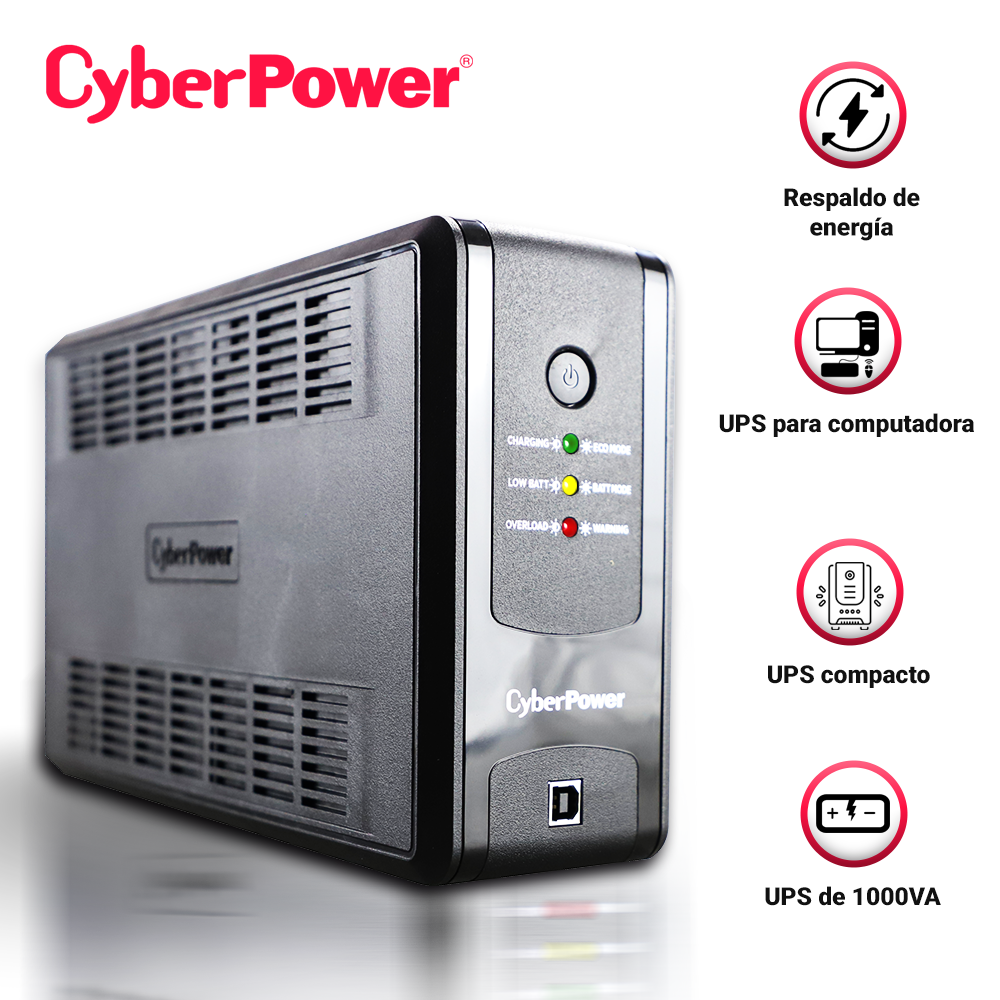 NO BREAK UPS TIPO TORRE UT1000GU CYBERPOWER 1000VA/500W 4 CONTACTOS CON RESPALDO-SUPRESION DE PICOS / 4 CONTACTOS CON SUPRESOR DE PICOS TECNOLOGIA AVR / LINEA INTERACTIVA /GREEN POWER / PUERTO USB