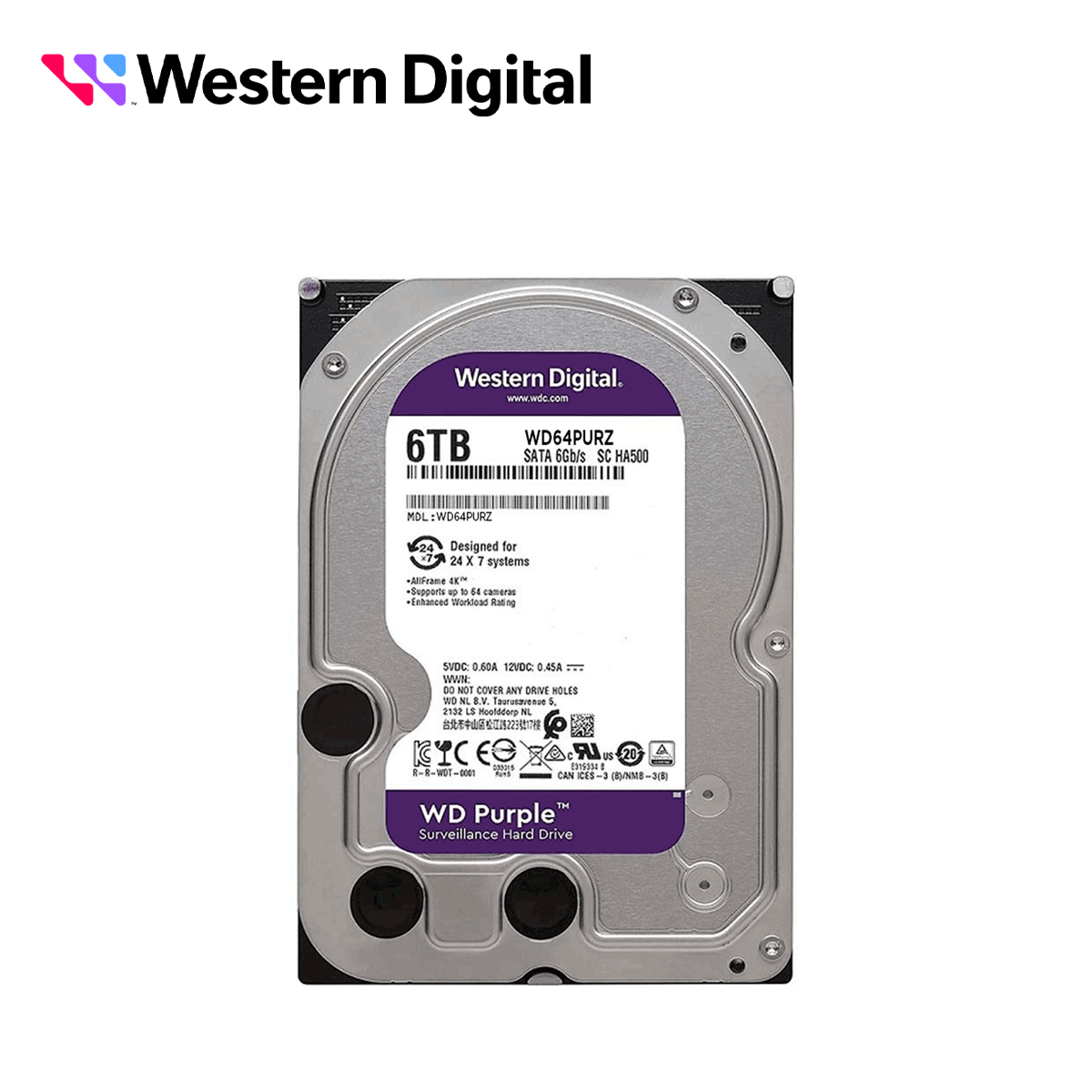 DISCO DURO DD 6TB SATA WD PURPLE WD64PURZ 24/7 OPTIMIZADO PARA VIDEOVIGILANCIA SATA III 6GB/S 5400 RPM COMPATIBLE CON DVR Y NVR DE CUALQUIER MARCA