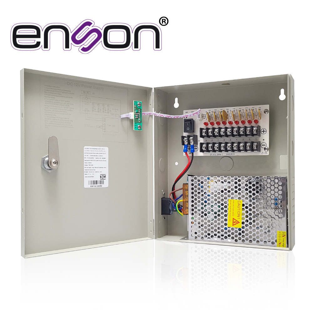 Fuente De Poder Tipo Caja Enson Psb-1209 12VDC 10A 9 Canales De 1.1A Cada Uno Ideal Para CCTV Y Control De Acceso