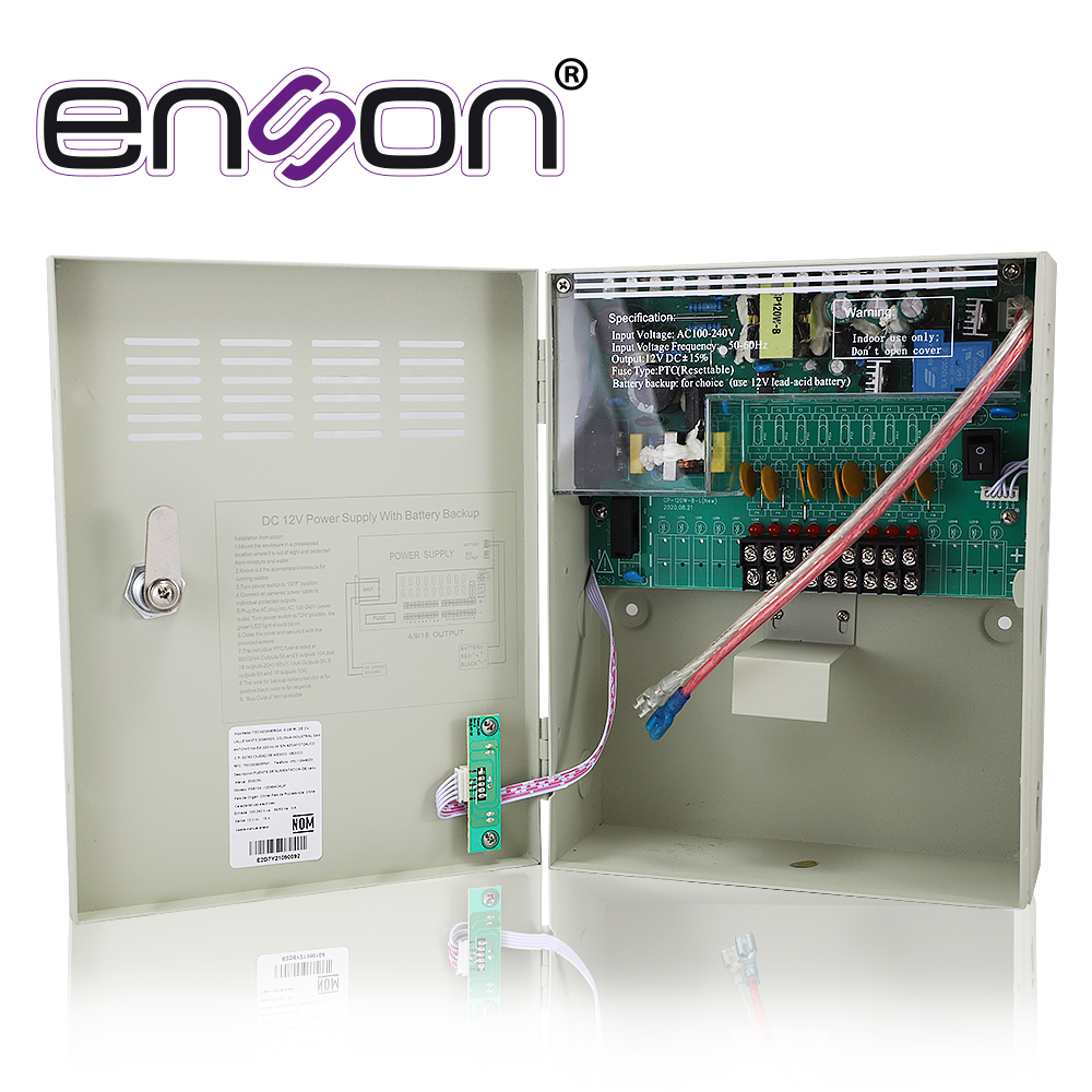 Fuente De Poder Tipo Caja Enson Psb10a-1209backup 12VDC 10AMP 9 Canales De 1.1AMP Cada Uno Espacio Para Bateria De Respaldo (no Incluye Bateria) Ideal Para CCTV Y Control De Acceso, Baterias Compatibles Bt412/bt712/bt912