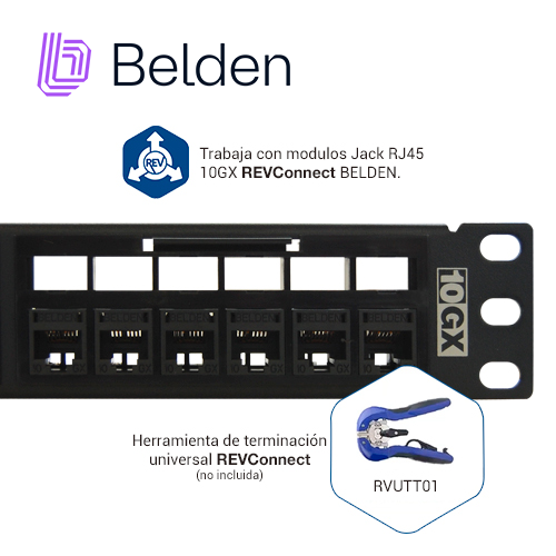 Patch Panel Revconnect Cat6a Belden Rvappf1u24bk / Negro / 24 Puertos / 1UR / Precargado / Pieza