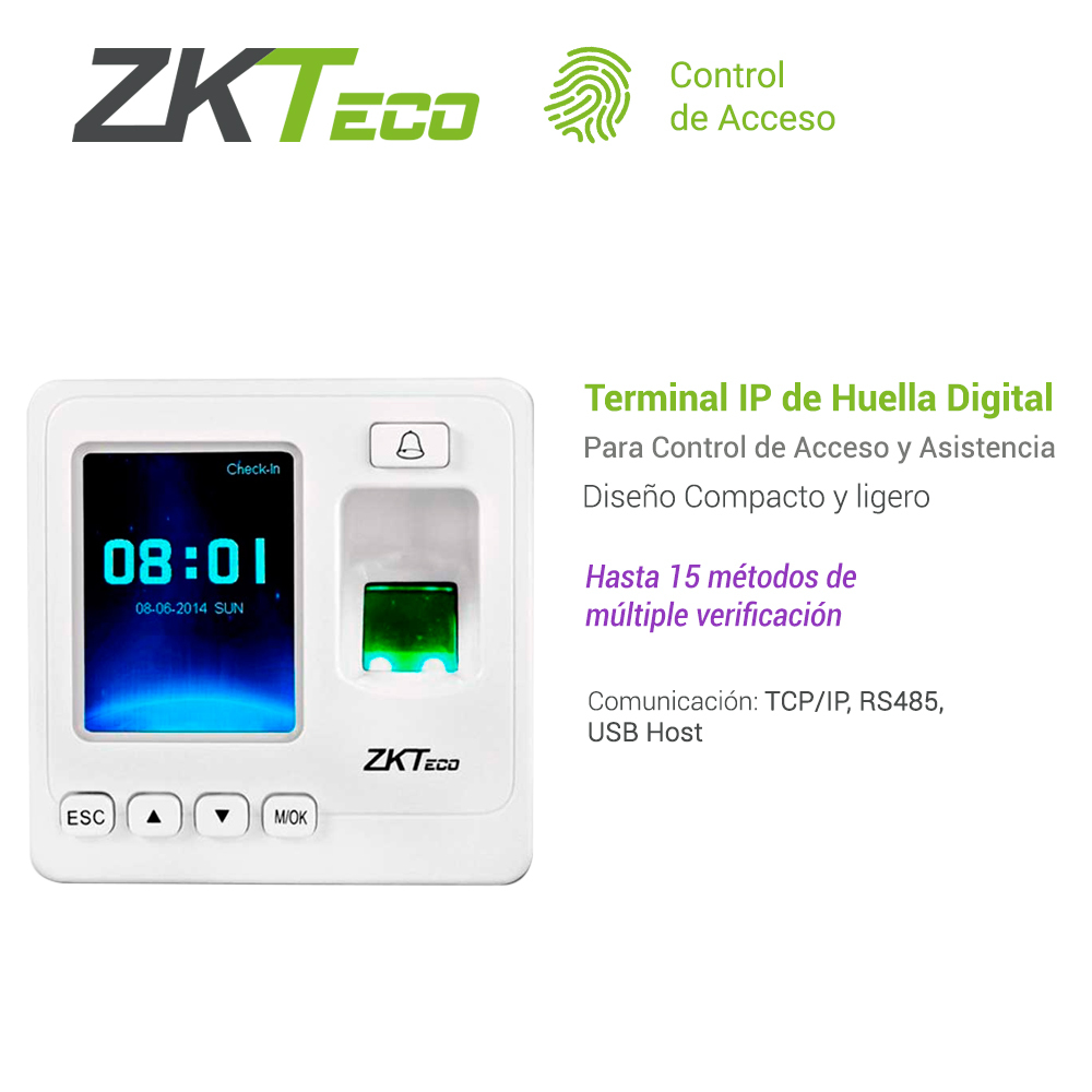 Control De Acceso Basico Y Asistencia Zkteco Sf100/id Biometrico De 1500HUELLAS/5000TARJETAS125KHZ/80,000REGISTROS Tcp/ip/rs485/usbhost Compatible Lectora Kr503e