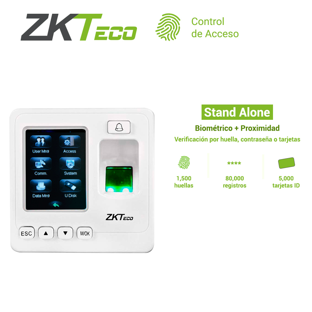Control De Acceso Basico Y Asistencia Zkteco Sf100/id Biometrico De 1500HUELLAS/5000TARJETAS125KHZ/80,000REGISTROS Tcp/ip/rs485/usbhost Compatible Lectora Kr503e