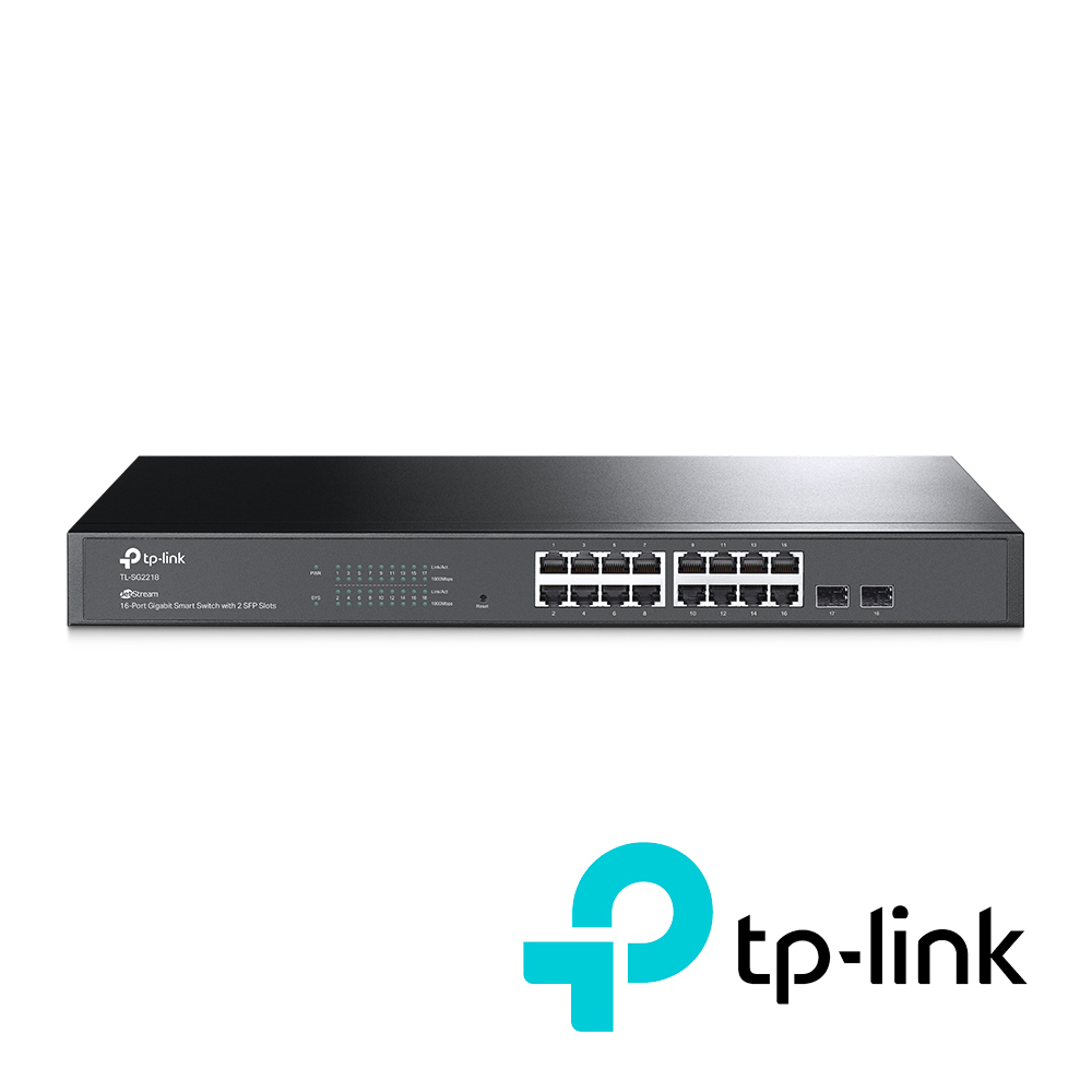 SWITCH ADMINISTRABLE JETSTREAM TP-LINK SG2218 / 16 PUERTOS RJ45 10/100/1000 MBPS 2 PUERTOS FIBRA OPTICA SFP (VACIO) GIGABIT/ MONTAJE EN RACK/ ADMINISTRACION CENTRALIZADA OMADA/ USO INTERIOR
