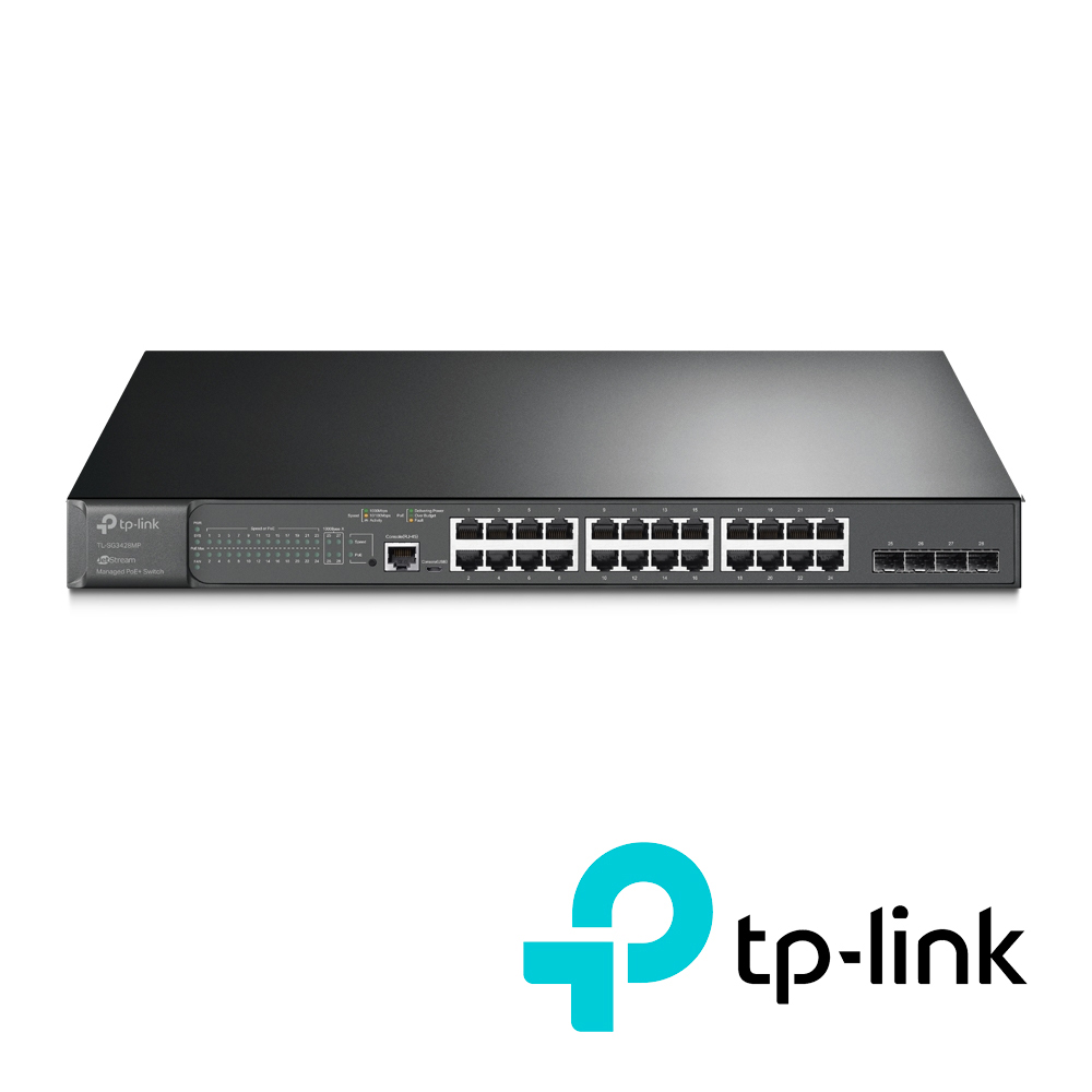 SWITCH ADMINISTRABLE JETSTREAM L2 TP-LINK TL-SG3428MP 28 PUERTOS 10/100/1000 MBPS 4 PUERTOS DE FIBRA OPTICA SFP GIGABIT MONTAJE EN RACK 24 PUERTOS POE HASTA 30W POR PUERTO POE MAXIMO 384W ADMINISTRACION CENTRALIZADA OMADA SDN