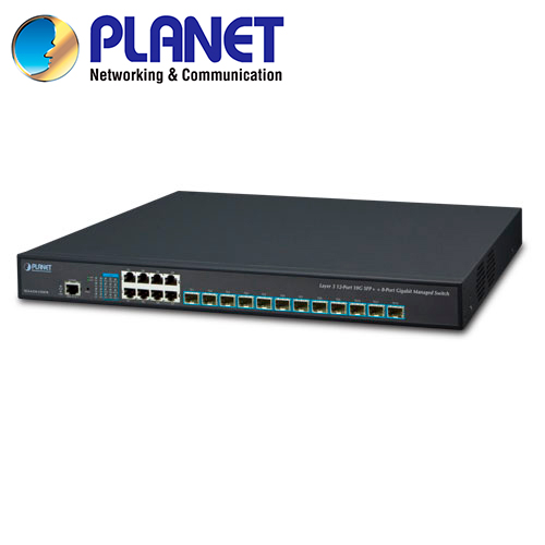Switch Administrable L 3 Planet Xgs-6350-12x8tr / 8 Puertos RJ45 10/100/1,000MBPS / 12 Puertos Sfp+ 1/10GBPS/ 1 Puerto De Consola / 180 Mpps / Rip Ospf Ssh Vrrp / Metalico/ Montaje En Rack / Doble Fuente De Alimentacion 100-240VCA