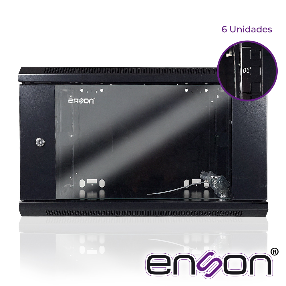 Gabinete De Pared Enson Ens-rkgb6ud 6UR Puerta Frontal De Cristal Templado Con Cerradura De Seguridad Ranuras De Ventilacion En La Parte Superior Para 2 Ventiladores De 11 Cm 600X450X368MM, Requiere Ensamblaje