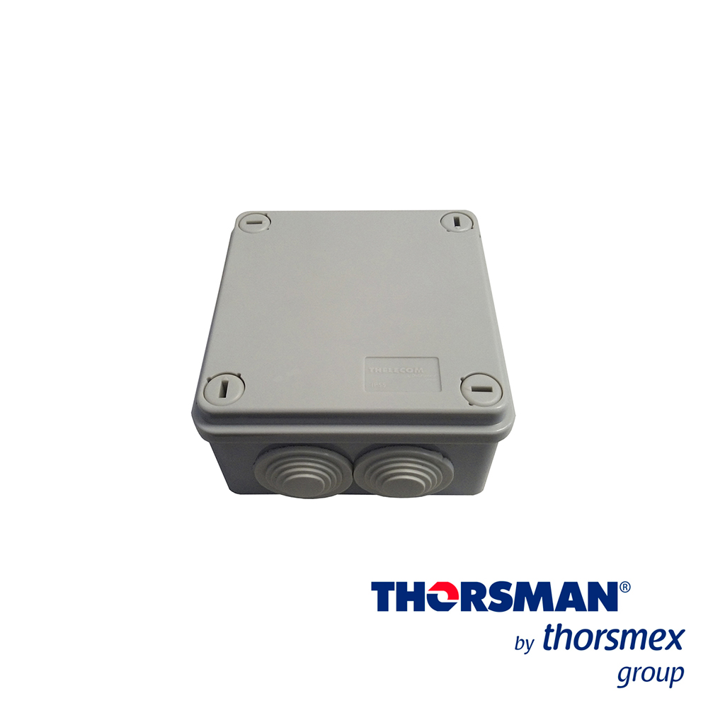 CAJA ESTANCA IP55 THORSMAN 20000-00001 DIMENSIONES 100x100x50 mm IDEAL PARA CCTV, CAJA DE REGISTRO Y TAPA CON TORNILLOS DE AJUSTE DE 1/4 DE VUELTA, COLOR GRIS, CONOS PARA TUBO DE 3/4” DIÁMETRO MÁXIMO, CUENTA CON 6 ENTRADAS, GRADO DE PROTECCIÓN IP 55, RESISTENCIA AL IMPACTO IK 08, RESISTENCIA AL HILO INCANDESCENTE: 650O MATERIA PRIMA: ABS CERTIFICACIONES/NORMAS/PRUEBAS, CUMPLE CON LA NORMA: EN 60670-22