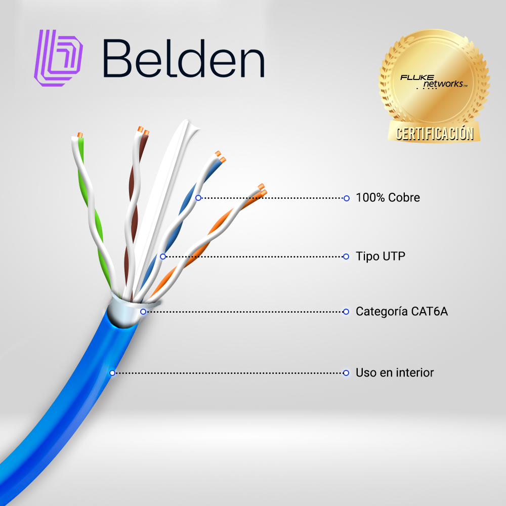 Cable UTP Cat6a Belden 10GXS12 0061000 / Interior / Azul / 625MHZ / 4 Pares / 23 Awg / Forro Pvc / Cmr / Certificable / Bobina / 1,000 Pies 305 Metros