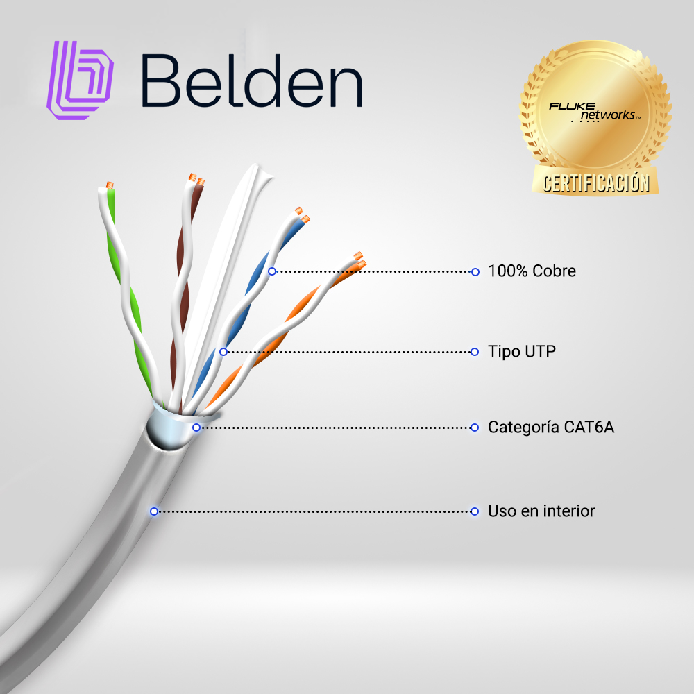 CABLE UTP CAT6A BELDEN 10GXS12 0081000 / INTERIOR / GRIS / 625MHZ / 4 PARES / 23 AWG / FORRO PVC / CMR / CERTIFICABLE / BOBINA / 1,000 PIES 305 METROS