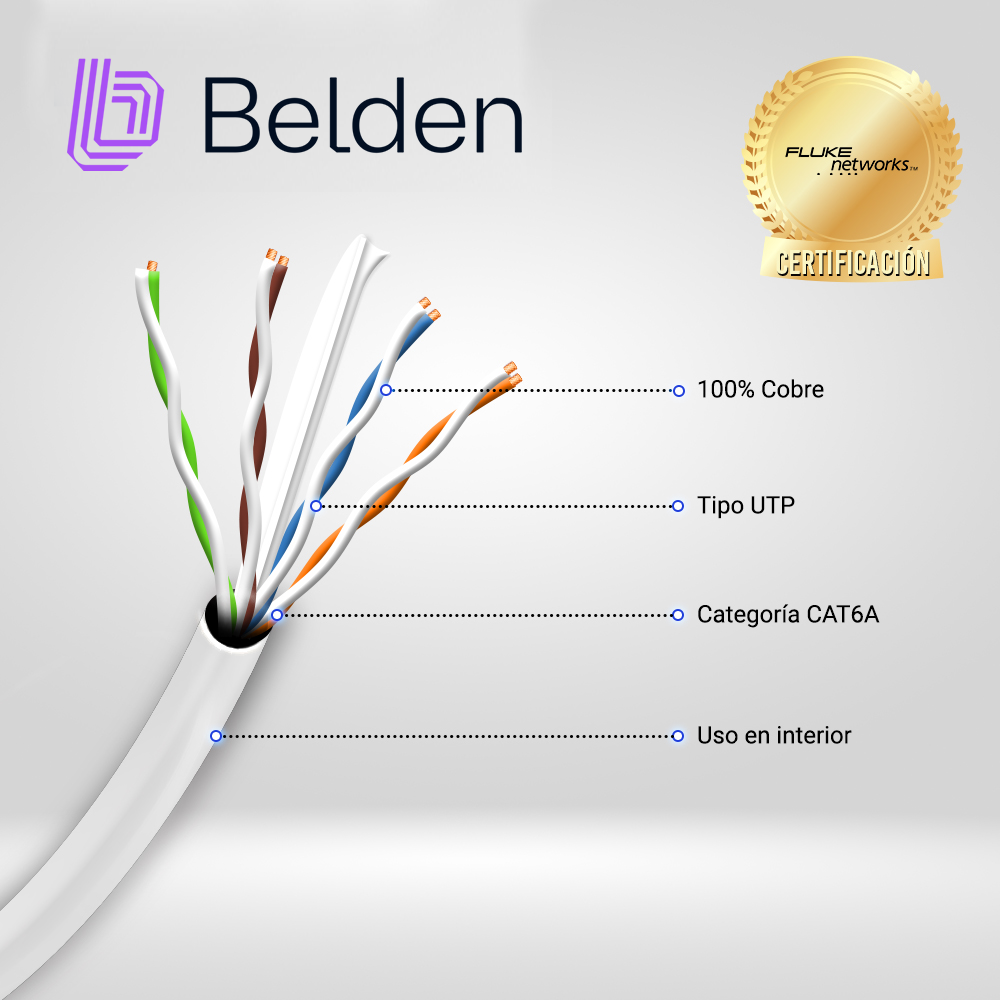 CABLE UTP CAT6A BELDEN 10GXS12 0091000 / INTERIOR / BLANCO / 625MHZ / 4 PARES / 23 AWG / FORRO PVC / CMR / CERTIFICABLE / BOBINA / 1,000 PIES 305 METROS
