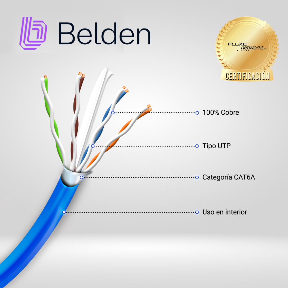 Cable UTP Cat6a Belden 10GXW12 0061000 / Interior / Azul / 500MHZ / 4 Pares / 23 Awg / Forro Pvc / Cmr / Certificable / Bobina / 1,000 Pies 305 Metros