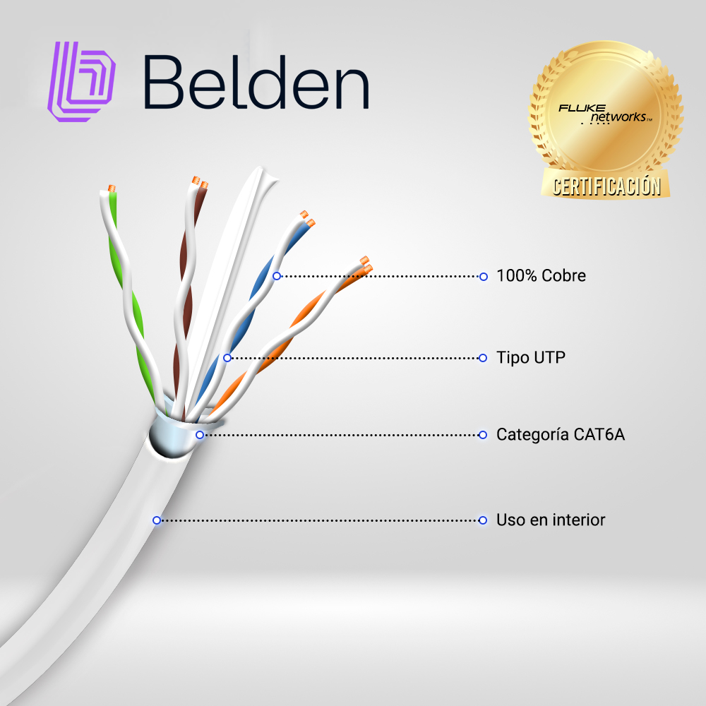 Cable UTP Cat6a Belden 10GXW12 0091000 / Interior / Blanco / 500MHZ / 4 Pares / 23 Awg / Forro Pvc / Cmr / Certificable / Bobina / 1,000 Pies 305 Metros