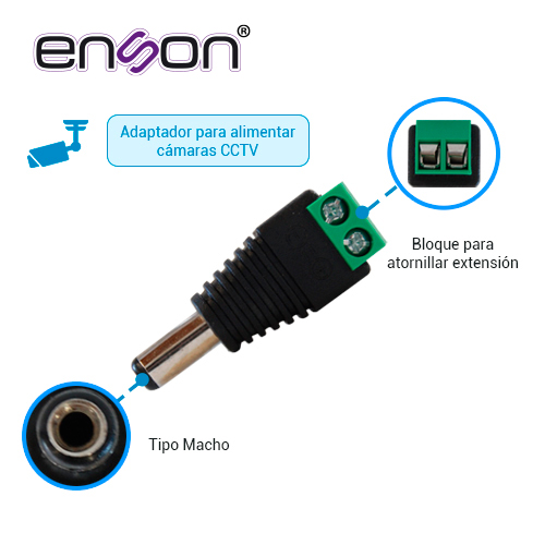 KIT 10 CONECTORES DE CORRIENTE MACHO 10x ENS-MC01 ENSON, TIPO JACK 3.5 MM PARA ALIMENTAR CAMARAS CCTV O REALIZAR EMPALME DE CABLEADO, CON BLOQUE POLARIZADO(+/-) PARA ATORNILLAR CABLE DE CORRIENTE O UTP, MEDIDAS DEL CONECTOR 2.1 x 5.5 mm