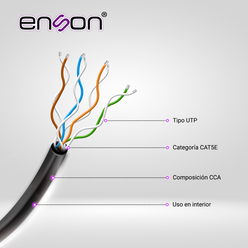 CABLE UTP CAT5E ENSON 12251B305 SERIE ECO CALIBE 24 AWG CCA BOBINA DE 305 METROS FORRO PVC COLOR NEGRO USO INTERIOR RECOMENDADO PARA TRANSMISION DE DATOS BASE 10,100