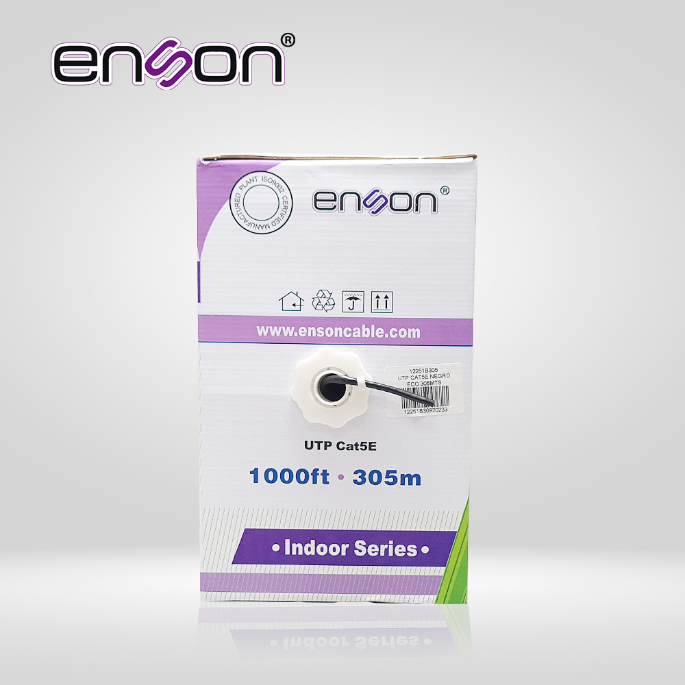 CABLE UTP CAT5E ENSON 12251B305 SERIE ECO CALIBE 24 AWG CCA BOBINA DE 305 METROS FORRO PVC COLOR NEGRO USO INTERIOR RECOMENDADO PARA TRANSMISION DE DATOS BASE 10,100