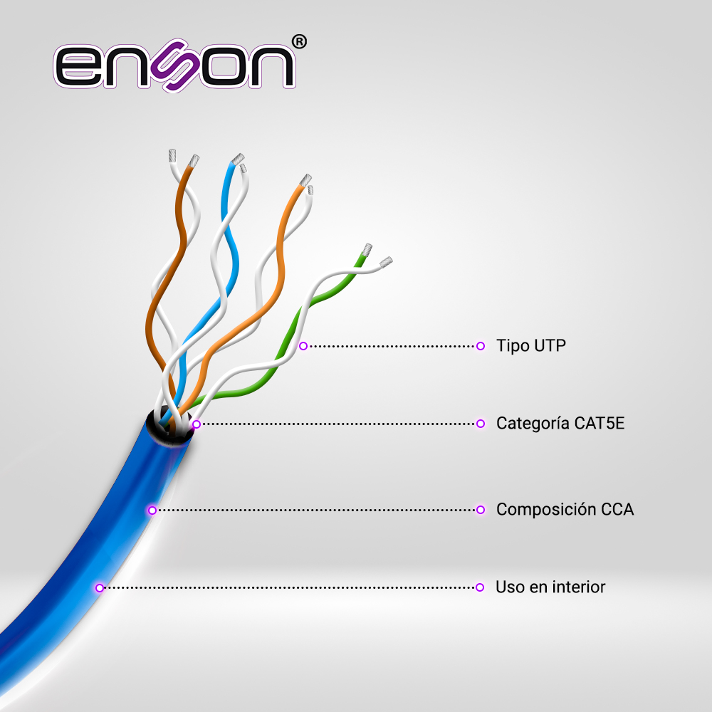 CABLE UTP CAT5E ENSON 12251L305 SERIE ECO CALIBE 24 AWG CCA BOBINA DE 305 METROS FORRO PVC COLOR AZUL USO INTERIOR RECOMENDADO PARA TRANSMISION DE DATOS BASE 10,100