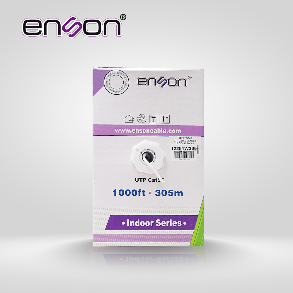 CABLE UTP CAT5E ENSON 12251W305 SERIE ECO CALIBE 24 AWG CCA BOBINA DE 305 METROS FORRO PVC COLOR BLANCO USO INTERIOR RECOMENDADO PARA TRANSMISION DE DATOS BASE 10,100