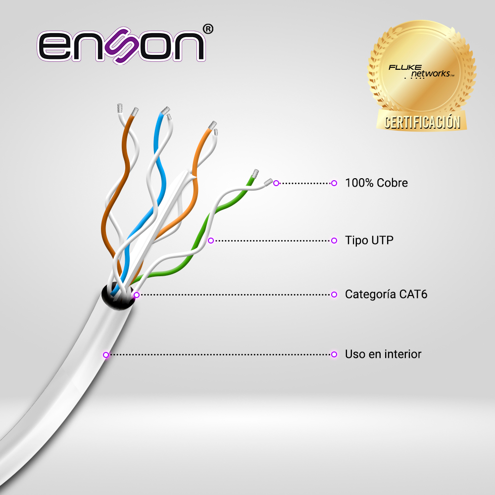 Cable UTP CAT6 Enson 12263G100 Serie Pro-ii Calibe 23 Awg 100% Cobre De Alto Rendimiento Bobina De 100 Metros Forro Pvc Color Gris Uso Interior Recomendado Para Cctv, Video IP Y Redes Base 10,100,1000