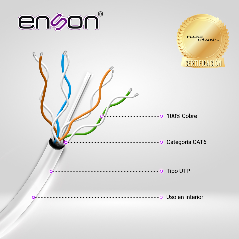 CABLE UTP CAT6 ENSON 12263G305 SERIE PRO-II CALIBE 23 AWG 100% COBRE DE ALTO RENDIMIENTO BOBINA DE 305 METROS FORRO PVC COLOR GRIS USO INTERIOR RECOMENDADO PARA CCTV, VIDEO IP Y REDES BASE 10,100,1000