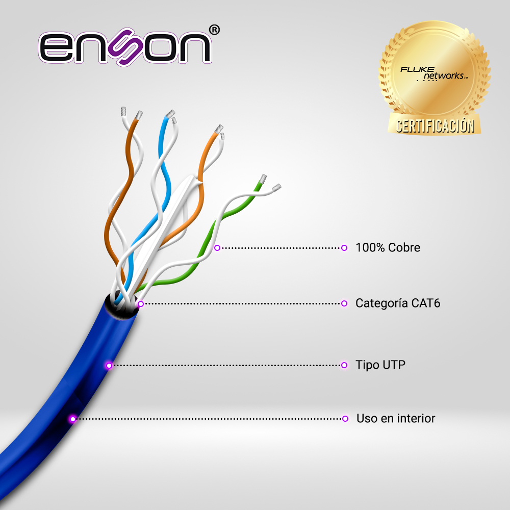 Cable UTP CAT6 Enson 12263L305 Serie Pro-ii Calibe 23 Awg 100% Cobre De Alto Rendimiento Bobina De 305 Metros Forro Pvc Color Azul Uso Interior Recomendado Para Cctv, Video IP Y Redes Base 10,100,1000