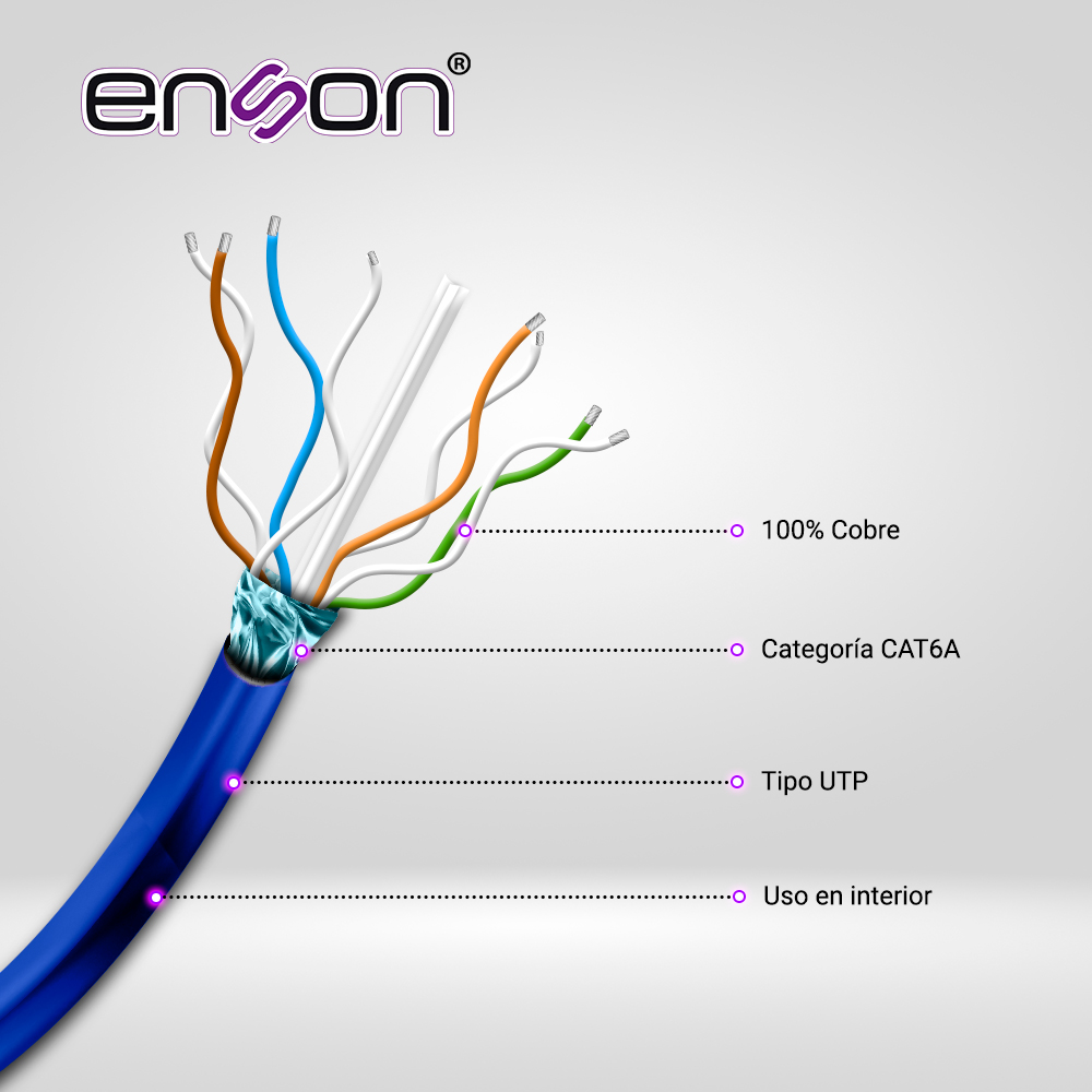 CABLE UTP CAT6A ENSON 12264L305 FORRO PVC AZUL 4 PARES 500MHZ 100 POR CIENTO COBRE USO INTERIOR / 1000 PIES / 305 METROS