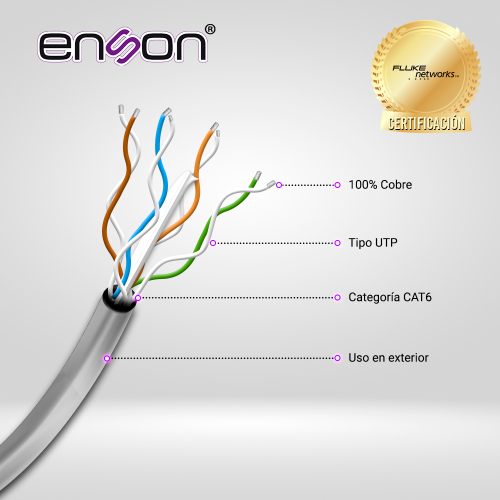 Cable UTP CAT6 Enson 13161G305 Serie Pro-ii Calibe 23 Awg 100% Cobre De Alto Rendimiento Bobina De 305 Metros Forro Pvc Color Gris Uso Exterior Recomendado Para Cctv, Video IP Y Redes Base 10,100,1000