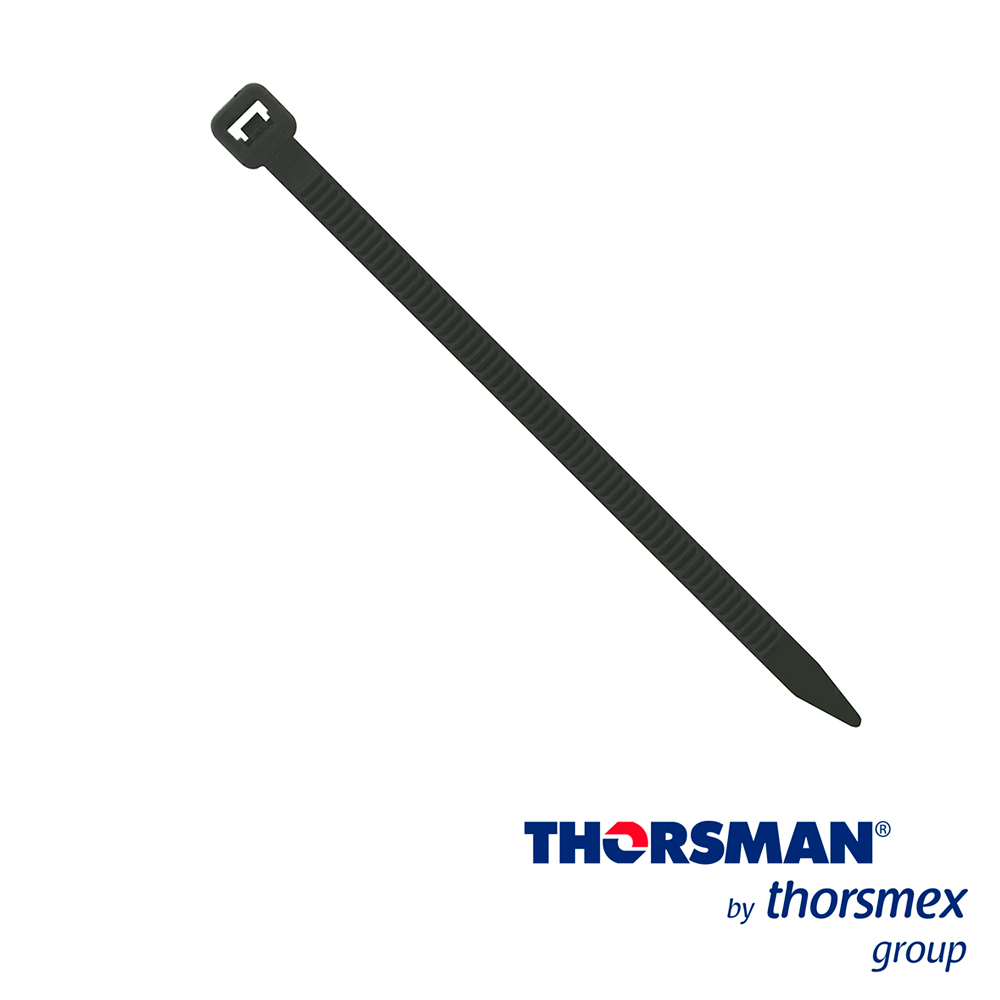 CINCHO NYLON TH-100 THORSMAN 4200-01001 COLOR NEGRO A 2.5MM- L 100MM BOLSA/100PZS DIAMETRO MAXIMO CAPACIDAD DE ATADO 22mm, FABRICADO EN POLIAMIDA (Nylon 66), GRADO DE FLAMABILIDAD UL 94 V-2,  RESISTENTE A LA CORROSIÓN, HUMEDAD Y CLIMAS EXTREMOS, TENSIÓN 8 (KG) IDEAL PARA DUCTOS Y CABLES 