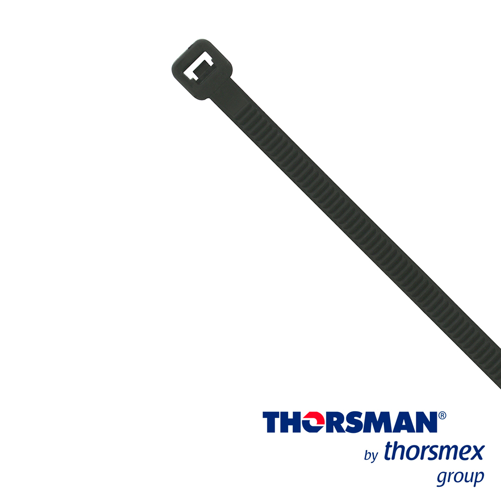 CINCHO NYLON TH-190 THORSMAN 4200-03001 COLOR NEGRO, A 4.8MM - L 190MM, BOLSA/100PZS, DIAMETRO MAXIMO CAPACIDAD DE ATADO 49MM, FABRICADO EN POLIAMIDA (NYLON 66), GRADO DE FLAMABILIDAD UL 94 V-2, RESISTENTE A LA CORROSION, HUMEDAD Y CLIMAS EXTREMOS, TENSION 22 (KG) IDEAL PARA DUCTOS Y CABLES