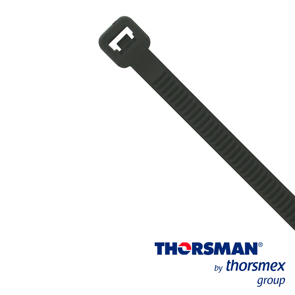 CINCHO NYLON TH-360 THORSMAN 4200-05001 COLOR NEGRO A 4.8MM- L 368 MM BOLSA/100PZS DIAMETRO MAXIMO CAPACIDAD DE ATADO 105MM, FABRICADO EN POLIAMIDA (NYLON 66), GRADO DE FLAMABILIDAD UL 94 V-2,  RESISTENTE A LA CORROSION, HUMEDAD Y CLIMAS EXTREMOS, TENSION 22 (KG) IDEAL PARA DUCTOS Y CABLES