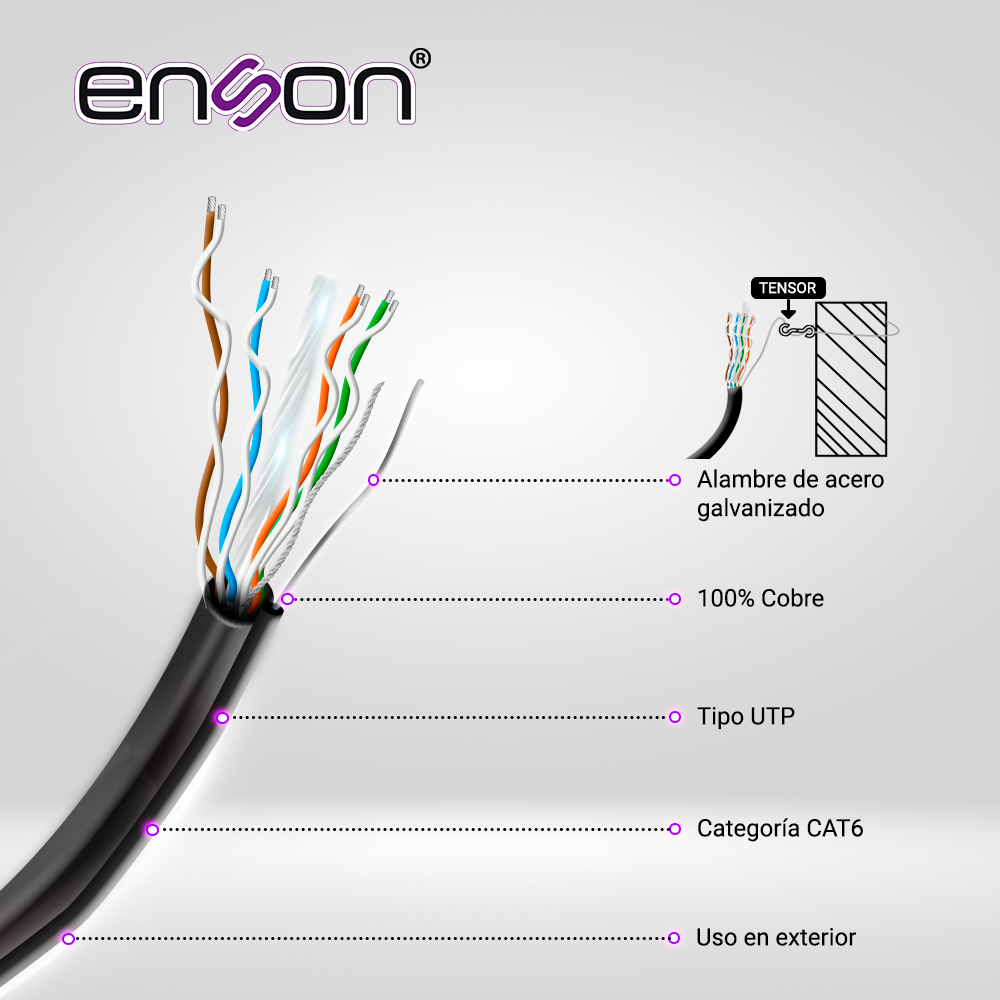 Cable UTP Aereo CAT6 Enson 43164B305 Forro Negro 4 Pares Calibre 23 Awg 100% Cobre Uso Exterior Figura8 1000 Pies 305 Metros