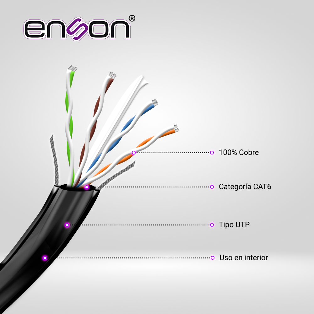 Cable UTP Para Elevador CAT6 Enson 43352B3055 Serie Pro-ii Calibe 23 Awg 100% Cobre De Alto Rendimiento Bobina De 305 Metros Forro Pvc Color Negro Con 2 Cableas De Acero Como Armadura Para Su Uso En Elevadores O Cable Aereo En Interiores Recomendado Para Cctv, Video IP Y Redes Base 10,100,1000
