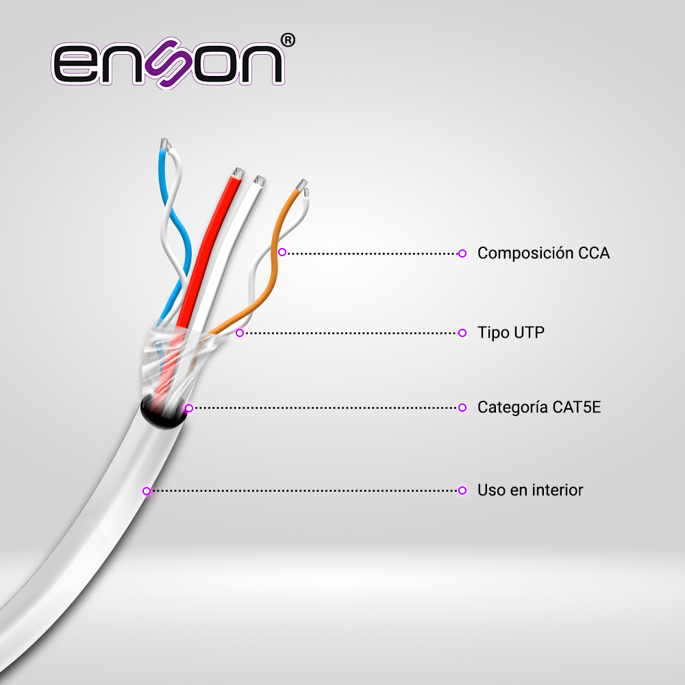 Cable UTP Siames Enson 51101W500 4C Para Datos Y Dos Cables Calibre 18AWG (rojo Y Negro) Para Alimentacion, Diseñado Para Su Uso En Soluciones De CCTV Unicamente, Bobina De 500 Metros Color Blanco Para Su Uso En Exterior