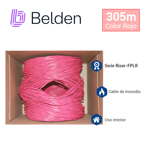 CABLE DE ALARMA CONTRA INCENDIOS BELDEN 5220UL 002U1000 / INTERIOR / ROJO / 2 CONDUCTORES / 16 AWG / SOLIDO / FORRO PVC / CMR - FPLR / EN CAJA / 1,000 PIES 305 METROS