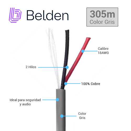 Cable De Seguridad Y Sonido Belden 5300UE 008U1000 / Interior / Gris / 2 Conductores / 18 Awg / Multifilar / Forro Pvc / Cmr / En Caja / 1,000 Pies 305 Metros