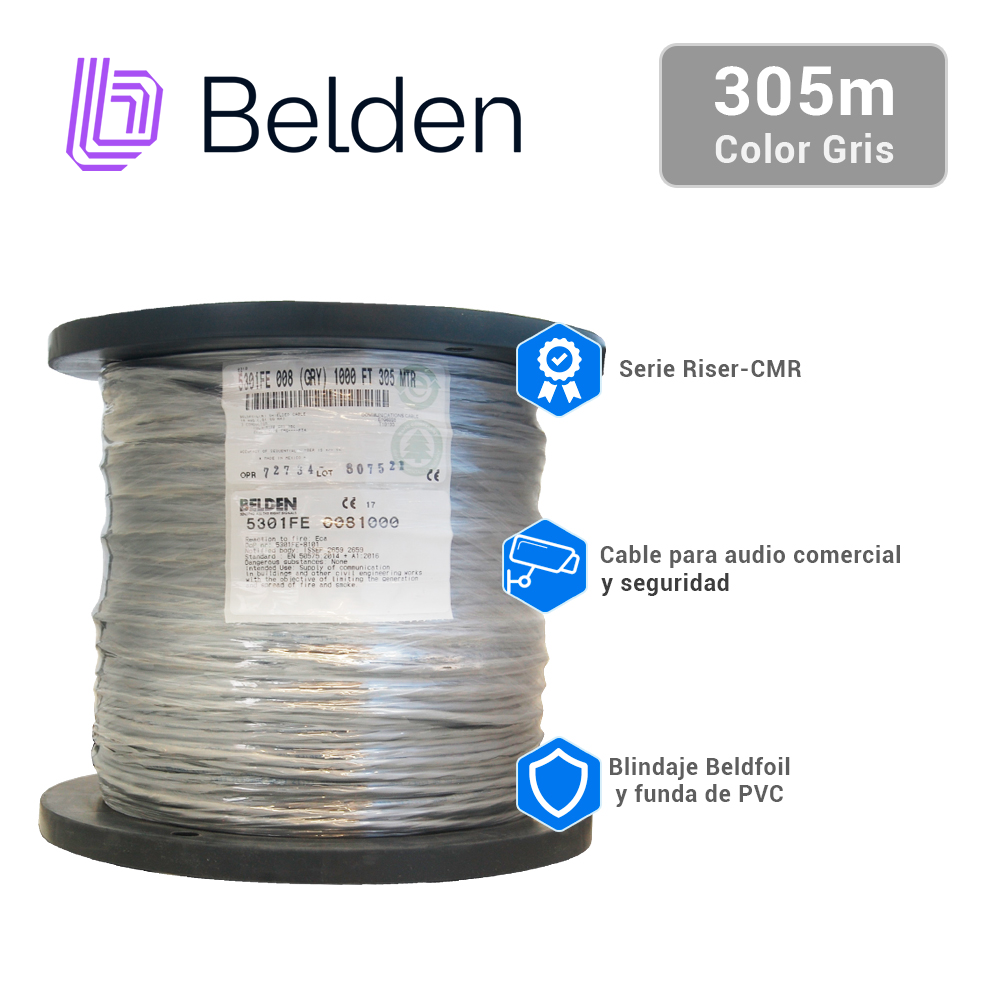 Cable De Seguridad Y Sonido Belden 5301FE 0081000 / Interior / Gris / 3 Conductores / 18 Awg / Multifilar / Forro Pvc / Cmr / Blindado / Bobina / 1,000 Pies 305 Metros