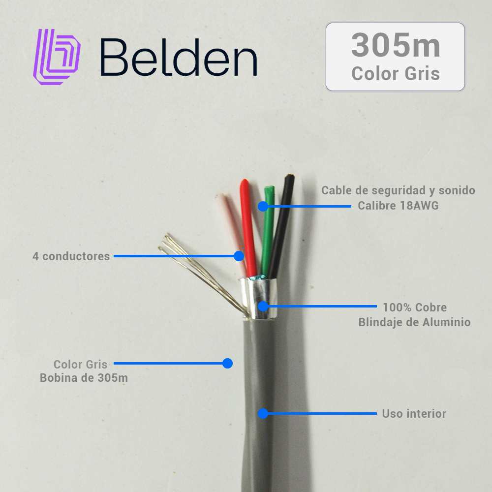 CABLE DE SEGURIDAD Y SONIDO BELDEN 5302FE 008U1000 / INTERIOR / GRIS / 4 CONDUCTORES / 18 AWG / MULTIFILAR / FORRO PVC / CMR / BLINDADO / EN CAJA / 1,000 PIES 305 METROS