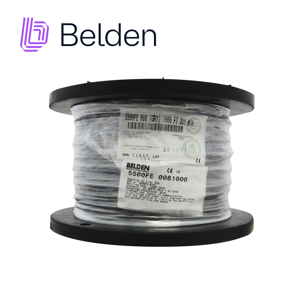 CABLE DE SEGURIDAD Y SONIDO BELDEN 5500FE 0081000 / INTERIOR / GRIS / 2 CONDUCTORES / 22 AWG / FORRO PVC / CMR / BLINDADO / BOBINA / 1,000 PIES 305 METROS