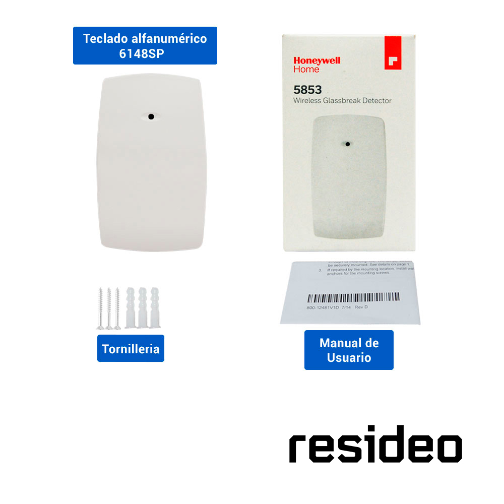 Sensor De Rotura De Cristal Resideo 5853 Inalambrico/ Sensibilidad Seleccionable/ Diseño Elegante/ Baterias Facilmente Reemplazables/ Color Blanco/ Montaje En Pared O Techo/ Rango De Deteccion De Hasta 7.62MTS / Incluye Bateria