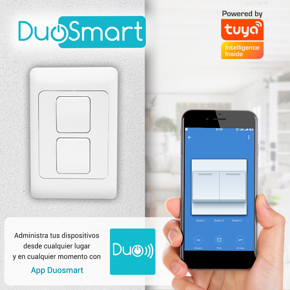 SWITCH APAGADOR WIFI 2.4 GHZ DUOSMART A20  DE 2 UNIDADES COMPATIBLE CON ALEXA Y GOOGLE HOME CON TEMPORIZADORES COMPATIBLE CON APP DUOSMART