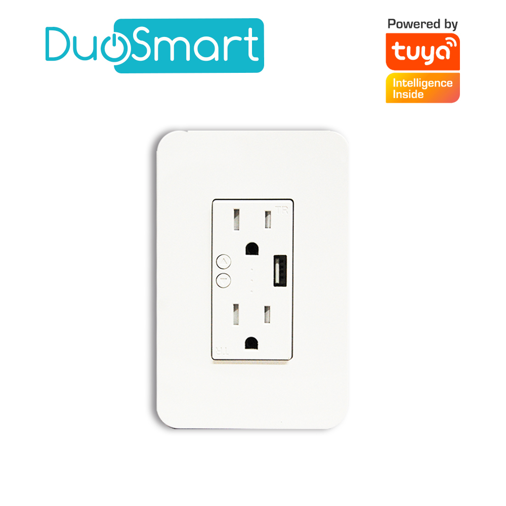 CONTACTO TOMACORRIENTE WIFI 2.4 GHZ DUOSMART A60 2 CONTACTOS Y 1 PUERTO USB PARA PARED MEDIDA ESTANDAR COMPATIBLE CON APP DUOSMART 