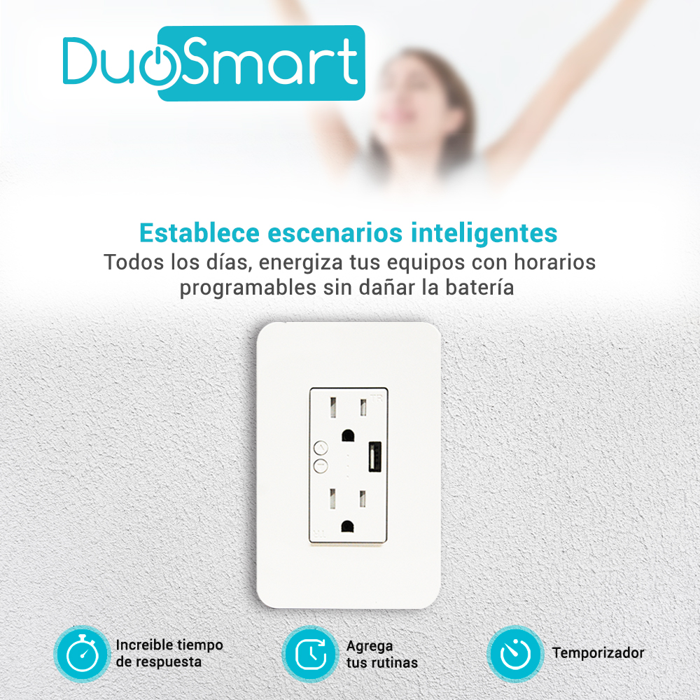 Contacto Tomacorriente Wifi 2.4 Ghz Duosmart A60 2 Contactos Y 1 Puerto USB Para Pared Medida Estandar Compatible Con App Duosmart 