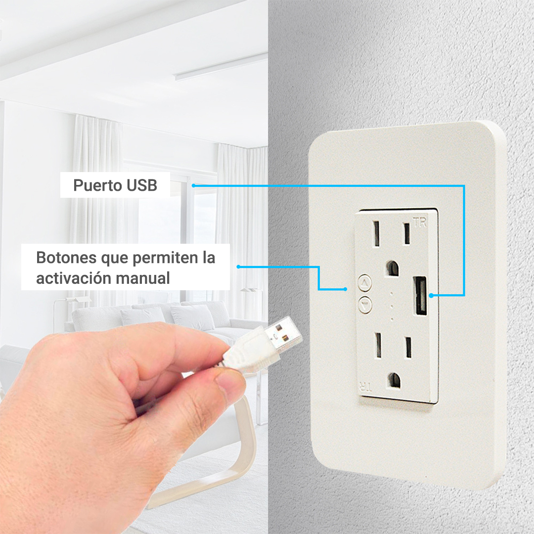 Contacto Tomacorriente Wifi 2.4 Ghz Duosmart A60 2 Contactos Y 1 Puerto USB Para Pared Medida Estandar Compatible Con App Duosmart 
