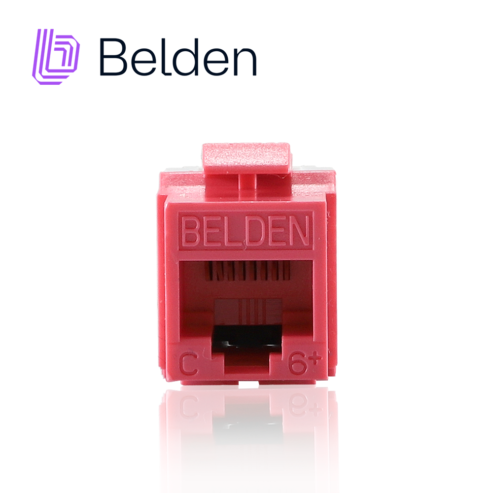 CONECTOR MODULAR JACK RJ45 CAT6 BELDEN AX101323 ESTILO KEYCONNECT ROJO CLARO COMPATIBLE CON FACEPLATE AX102660,AX102655,AX102249 PATCH PANEL MODULAR AX103114,AX103115,AX104599 ESQUEMA DE CABLEADO T568A/B HERRAMIENTA COMPATIBLE AX100749 USO INTERIOR CALIBRE DEL CONDUCTOR 22-24 AWG