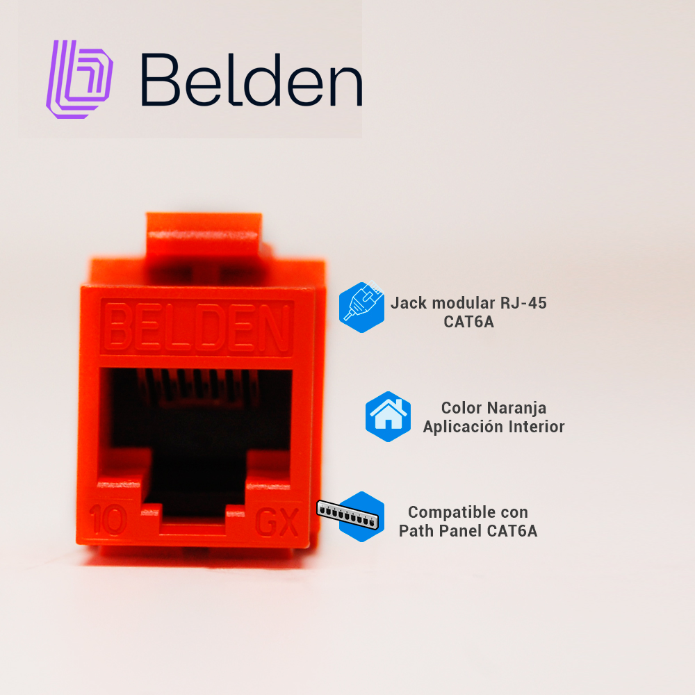 Conector Modular Jack RJ45 Cat6a Belden Ax104152 Estilo Keyconnect Naranja Compatible Con Faceplate Ax102660,ax102655,ax102249 Patch Panel Modular Ax103114,ax103115,ax104599 Esquema De Cableado T568a/b Herramienta Compatible Ax100749 Uso Interior Calibre Del Conductor 22-24 Awg