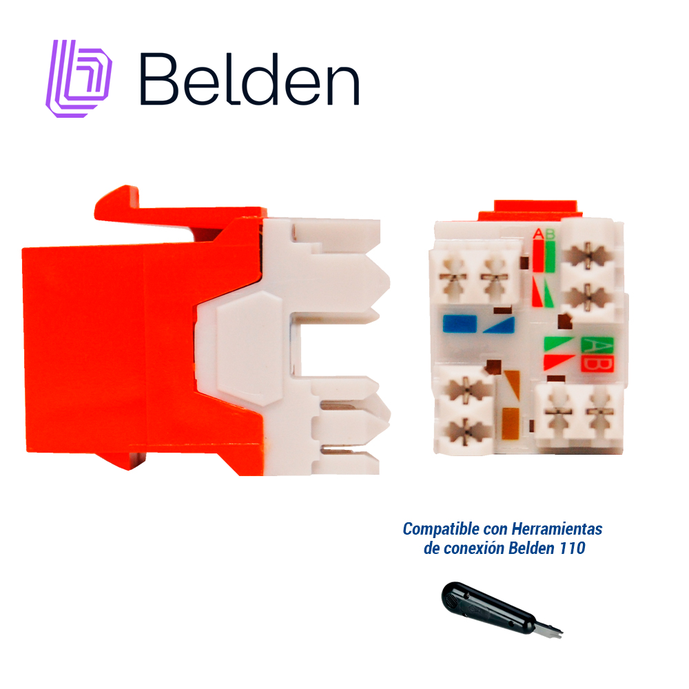 Conector Modular Jack RJ45 Cat6a Belden Ax104152 Estilo Keyconnect Naranja Compatible Con Faceplate Ax102660,ax102655,ax102249 Patch Panel Modular Ax103114,ax103115,ax104599 Esquema De Cableado T568a/b Herramienta Compatible Ax100749 Uso Interior Calibre Del Conductor 22-24 Awg